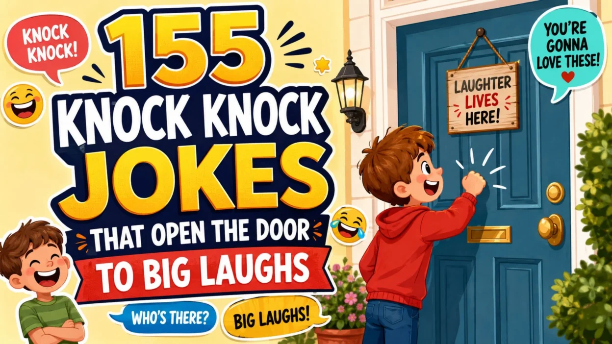 155 knock knock jokes cartoon poster with laughing kids and a fun door scene