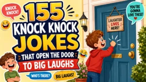 155 knock knock jokes cartoon poster with laughing kids and a fun door scene