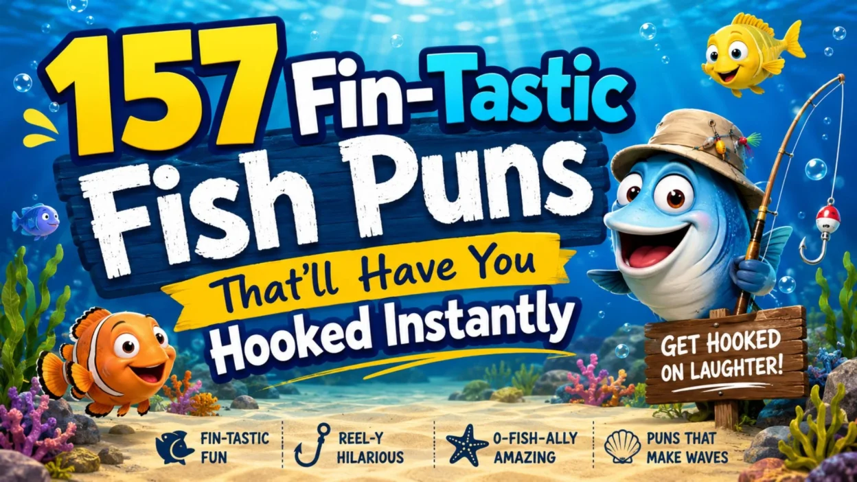 Colorful underwater banner with cartoon fish promoting 157 fin-tastic fish puns and fishing humor