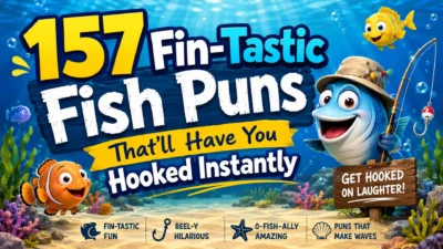 Colorful underwater banner with cartoon fish promoting 157 fin-tastic fish puns and fishing humor