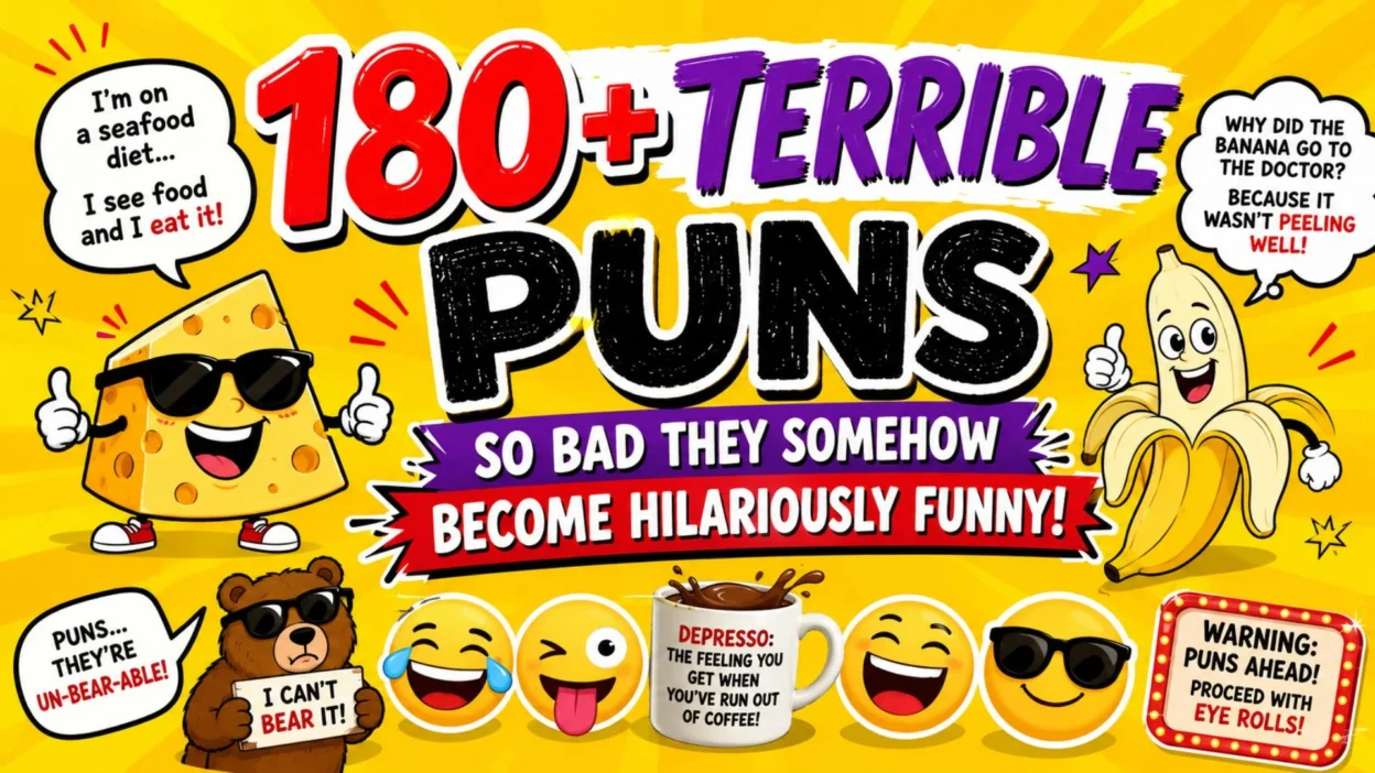 180+ terrible puns funny cartoon thumbnail with cheese, banana, bear, emojis, and bold joke text