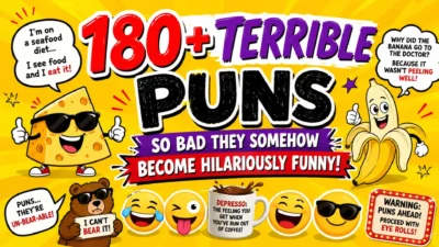 180+ terrible puns funny cartoon thumbnail with cheese, banana, bear, emojis, and bold joke text