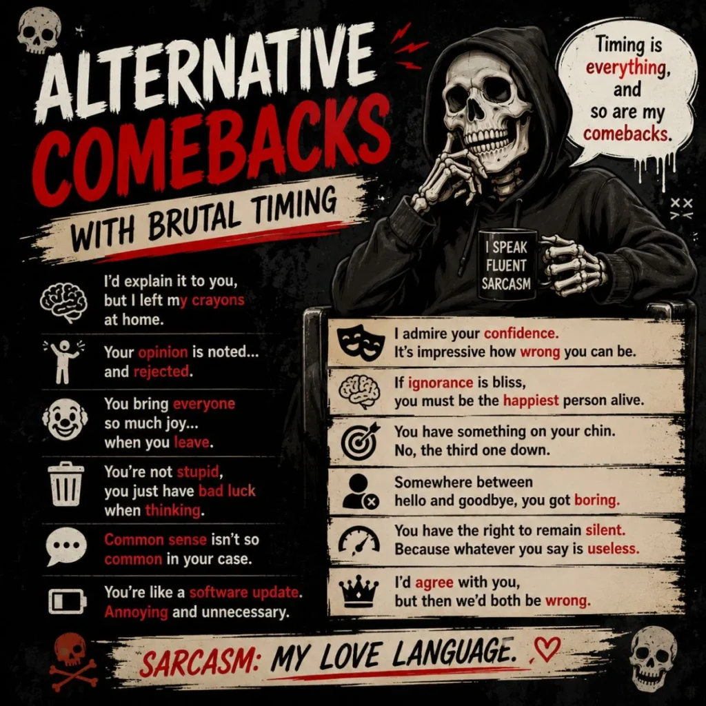 Alternative comebacks poster with skeleton, sarcasm quotes, and brutal timing humor