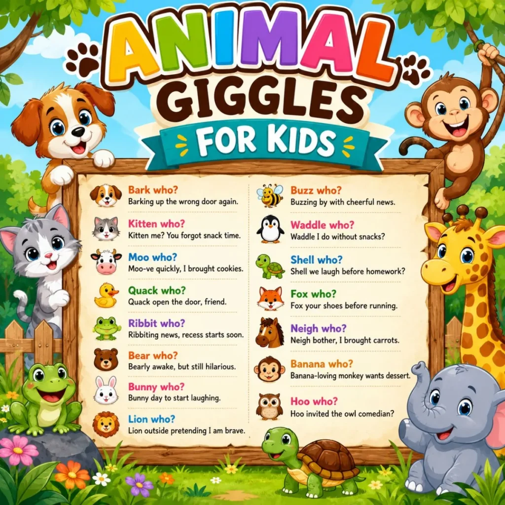 Animal giggles for kids poster with cute cartoon animals and funny jokes