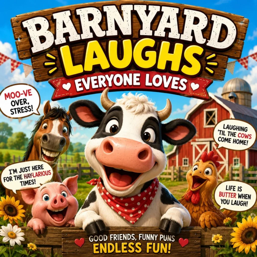 Barnyard laughs poster with happy cow, pig, horse, chicken, and funny farm puns