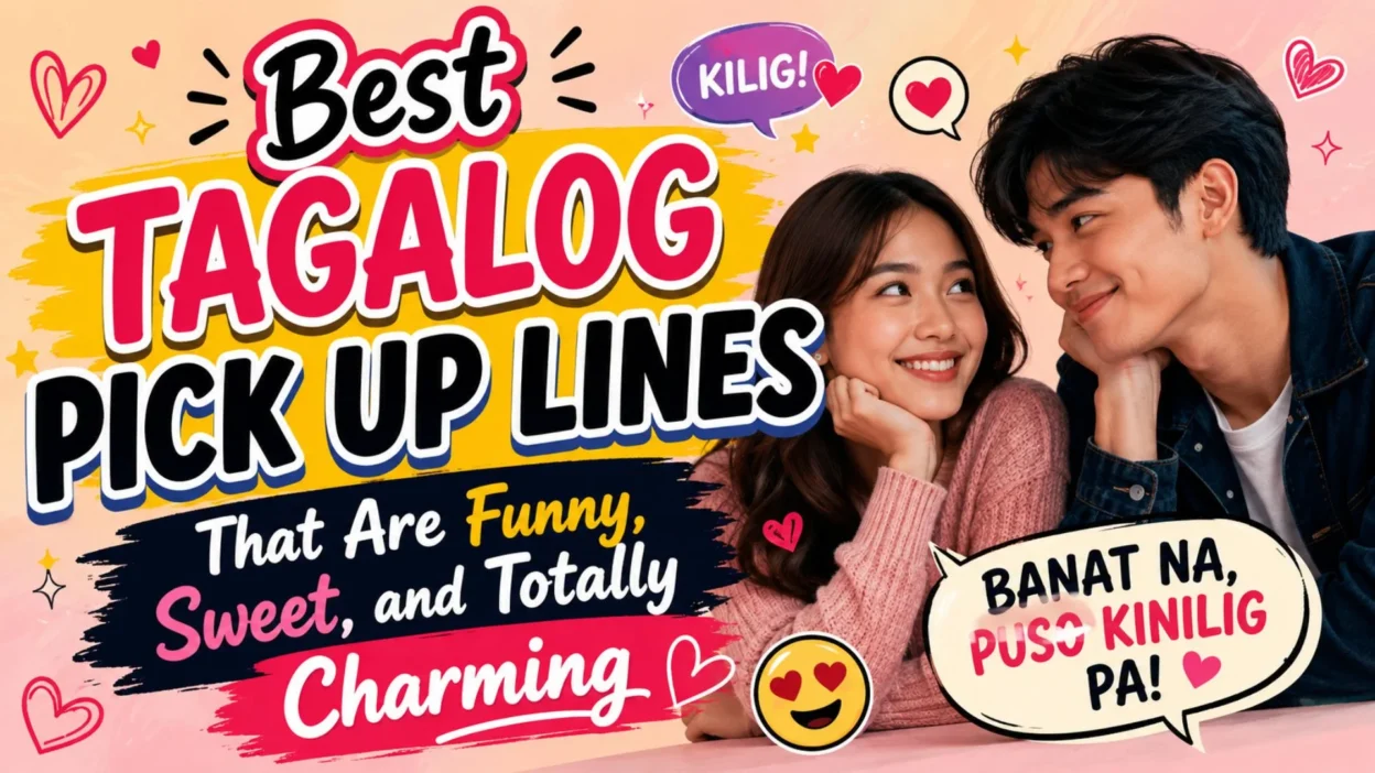 Cute couple with funny and sweet Tagalog pick up lines in colorful romantic design