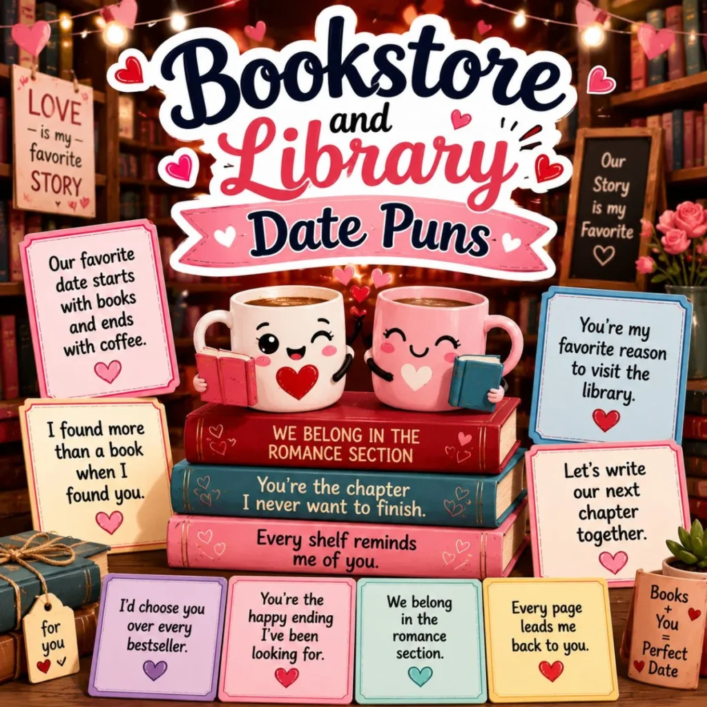 Bookstore and Library Date Puns poster with cute mugs, books, hearts, and romantic date quotes