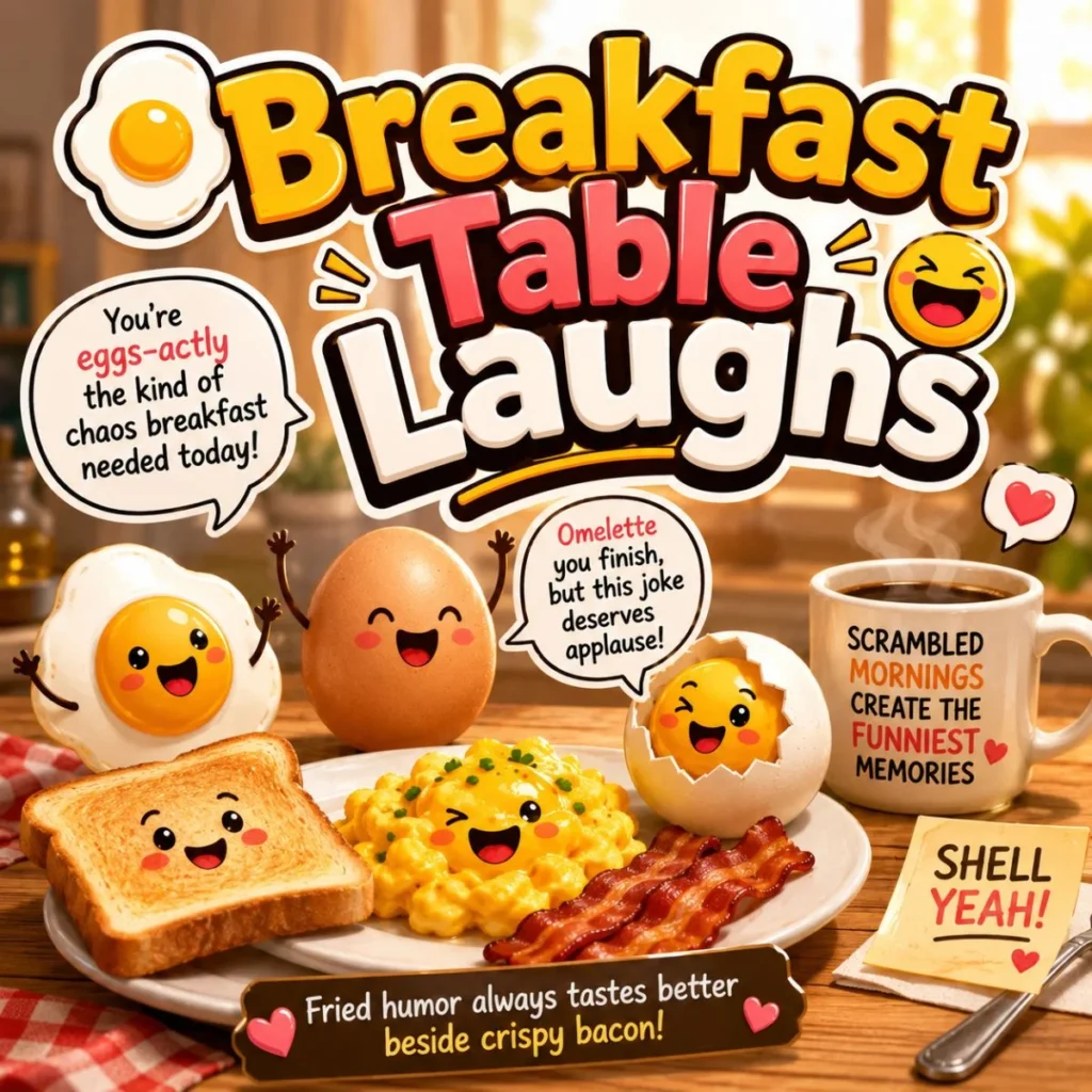 Cute breakfast table laughs illustration with funny eggs, toast, bacon, and cheerful brunch humor