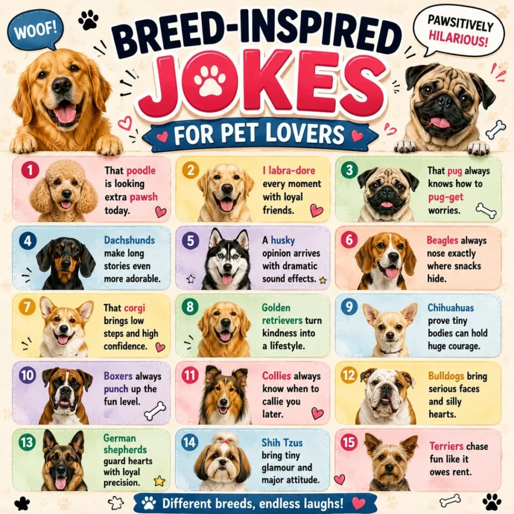 Breed-inspired dog jokes poster with cute dog breeds, paw prints, and funny pet lover puns