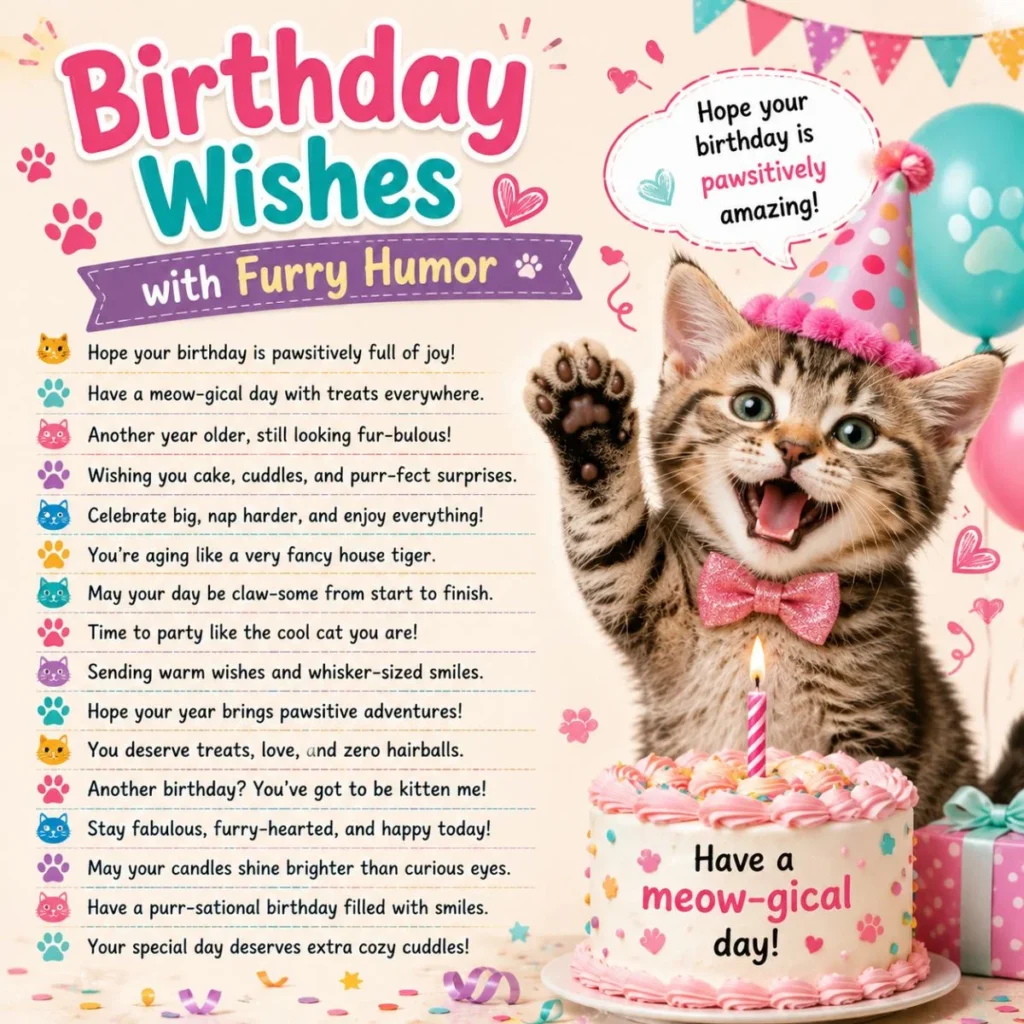 Cat birthday wishes graphic with party kitten, birthday cake, balloons, paw prints, and funny furry humor lines