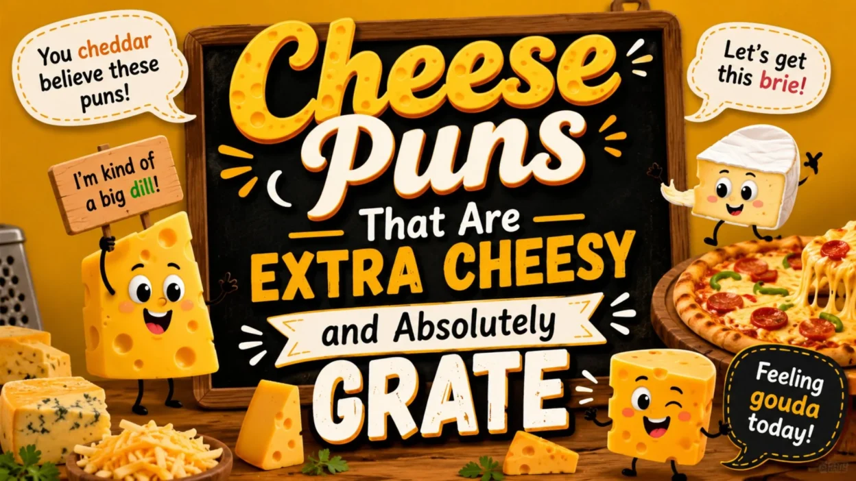 Funny cheese puns poster with cartoon cheddar characters, pizza, and cheesy food humor design