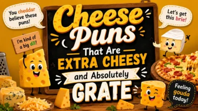 Funny cheese puns poster with cartoon cheddar characters, pizza, and cheesy food humor design