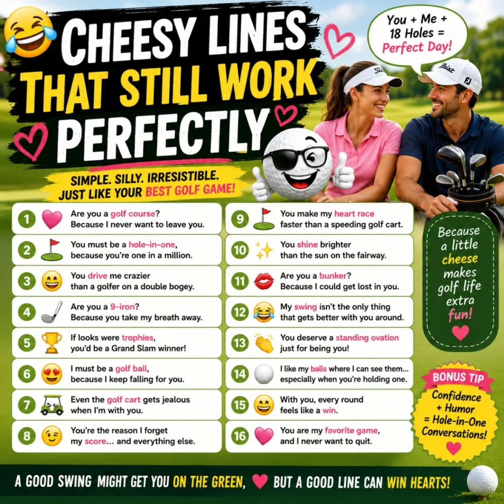 Cheesy golf pick up lines poster with funny romantic jokes, smiling golfers, golf ball character, and colorful golf design