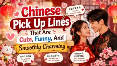 Cute Chinese pick up lines image with romantic couple, lanterns, hearts, and playful charming text