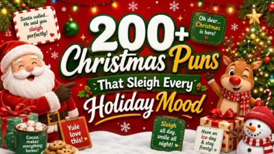200+ Christmas puns banner with Santa, reindeer, snowman, gifts, lights, and funny holiday wordplay