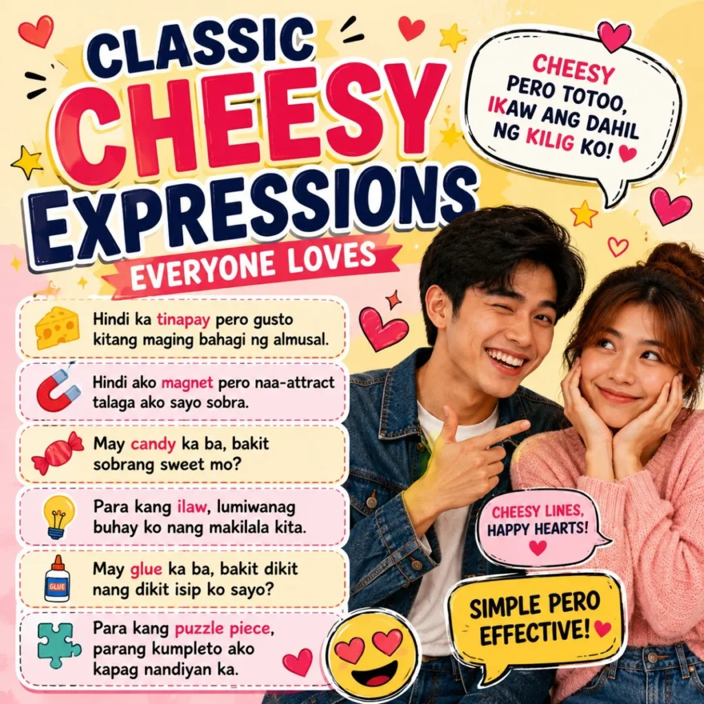 Colorful cheesy Tagalog expressions poster with cute couple and funny romantic banat lines