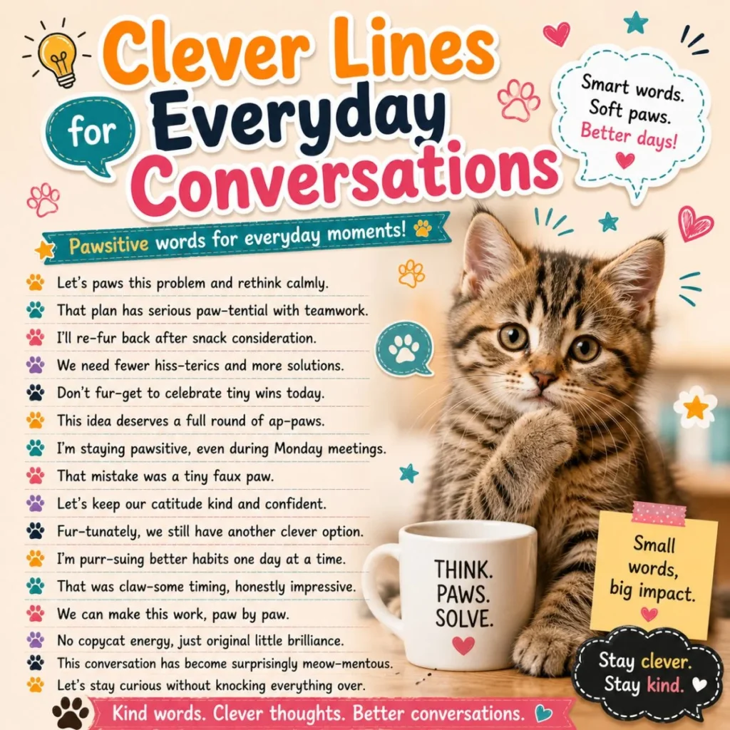 Clever cat conversation lines graphic with cute kitten, paw icons, speech bubbles, and funny everyday sayings