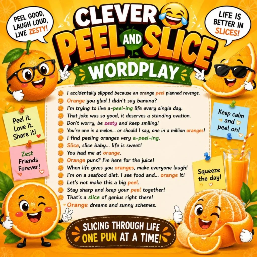 Clever peel and slice wordplay poster with cartoon oranges, citrus slices, juice, and funny fruit puns
