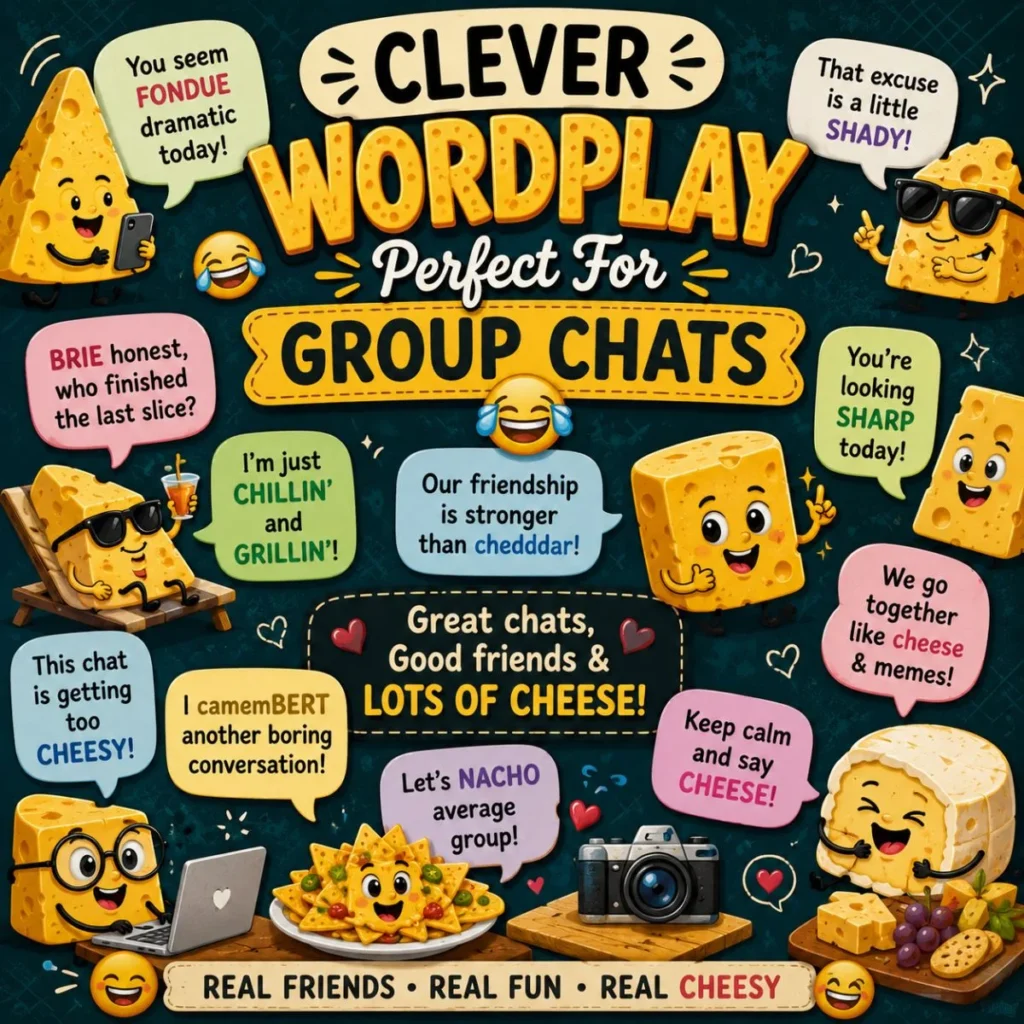 Funny cheese wordplay poster with cartoon cheese characters and group chat humor quotes