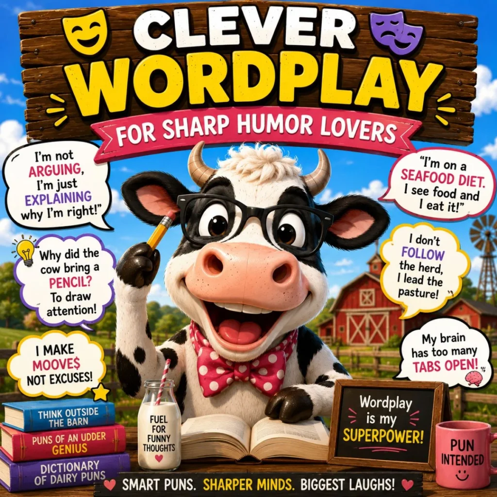 Clever wordplay poster with smart cow, farm puns, books, speech bubbles, and sharp humor theme