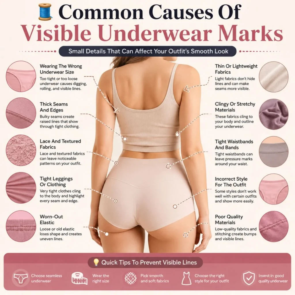 Common causes of visible underwear marks infographic with fabric, fit, seams, and styling tips