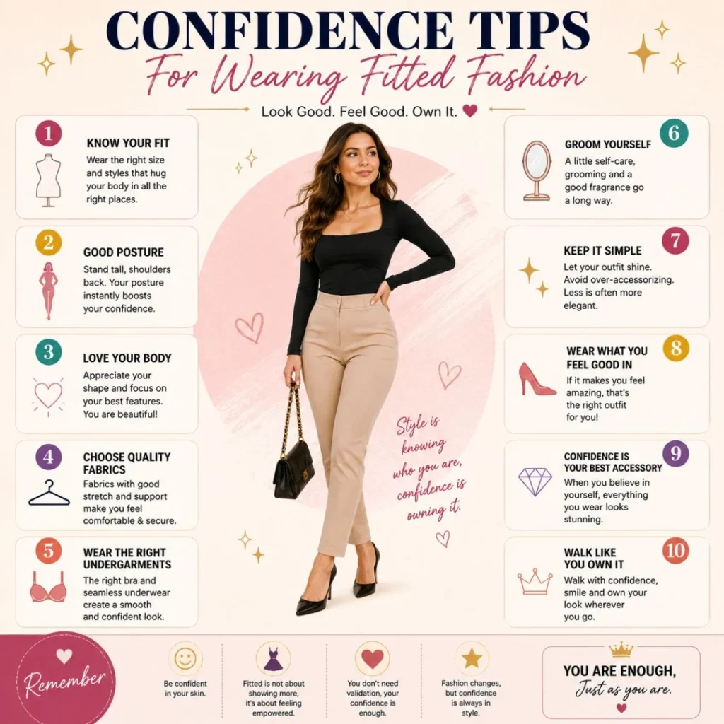 Fashion confidence infographic with fitted outfit styling tips, posture advice, and body positivity inspiration