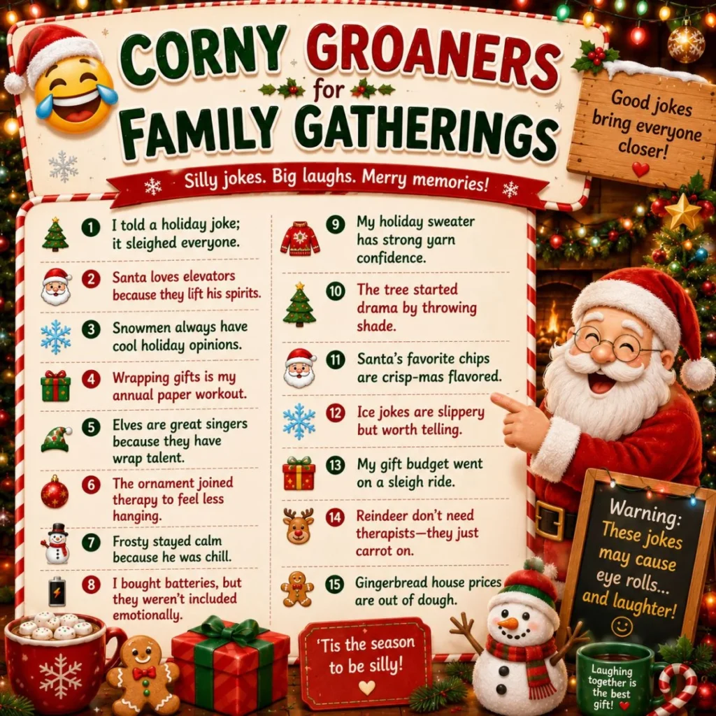 Corny Christmas groaners poster with Santa, funny family jokes, gifts, snowman, cocoa, lights, and festive decor