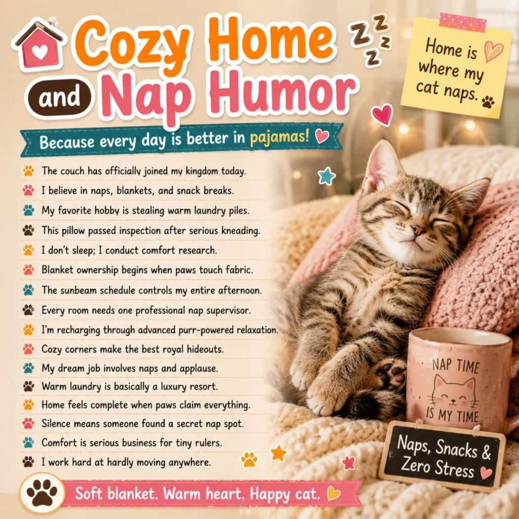 Cozy cat nap humor graphic with sleepy kitten, soft blanket, warm home decor, and funny cat caption lines