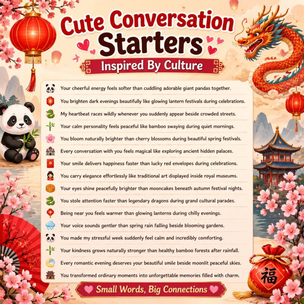 Cute conversation starters image with dragon, panda, lanterns, cherry blossoms, and cultural romance lines