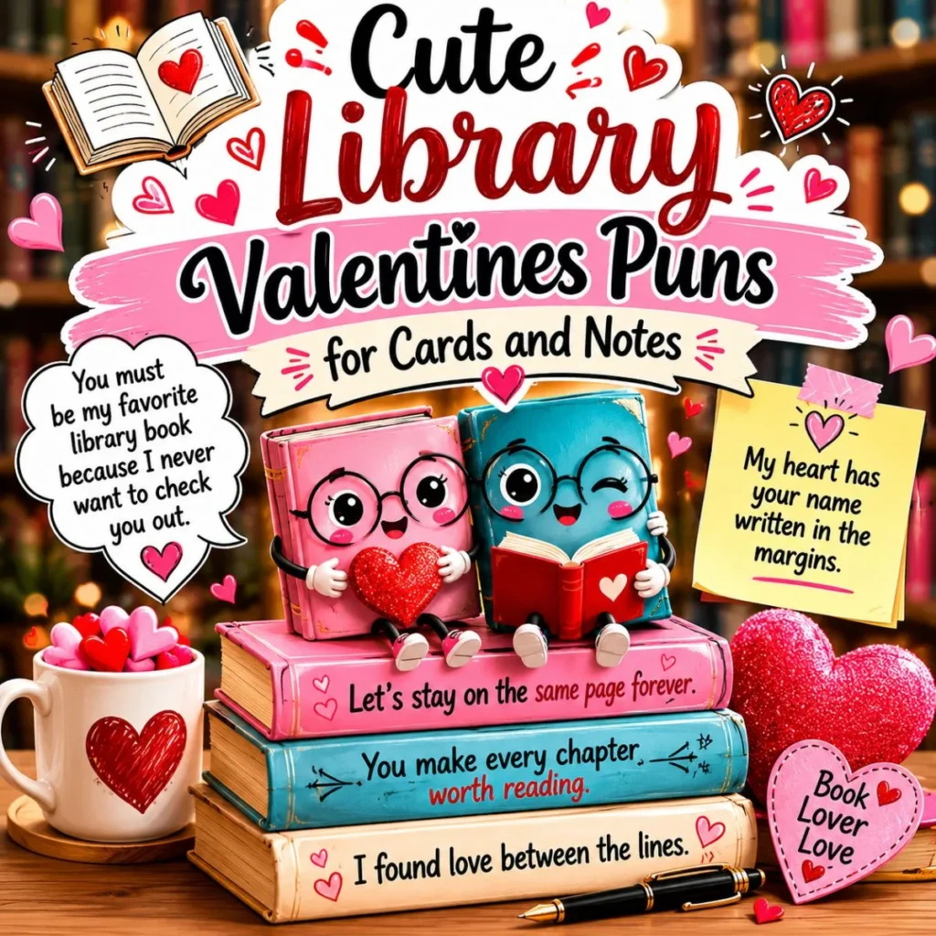 Cute Library Valentines Puns card design with books, hearts, and sweet book lover messages