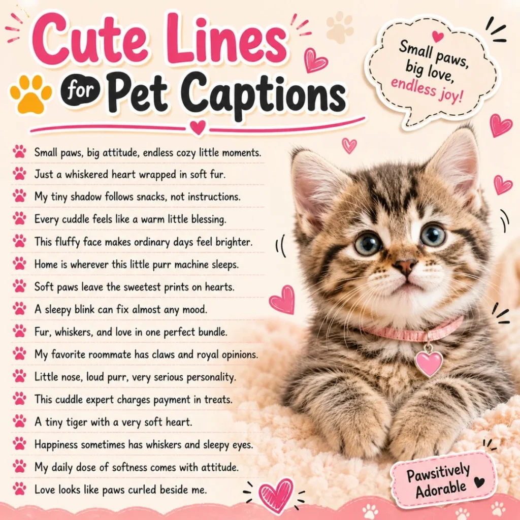 Cute pet captions graphic with adorable kitten, paw icons, hearts, and sweet caption ideas for cat lovers