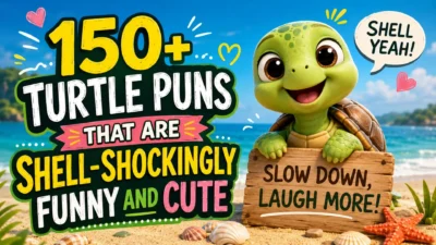 Cute turtle puns thumbnail with smiling turtle, beach background, and shell-shockingly funny text