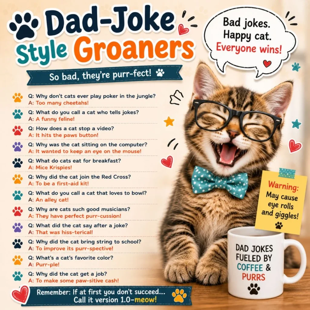 Dad joke cat puns graphic with funny kitten in glasses, paw prints, speech bubbles, and groan-worthy jokes
