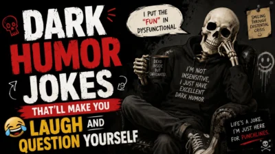 Dark humor jokes poster with skeleton, bold text, and edgy comedy theme
