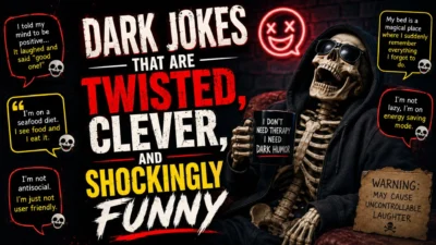 Dark jokes poster with laughing skeleton, bold spooky text, and funny humor speech bubbles