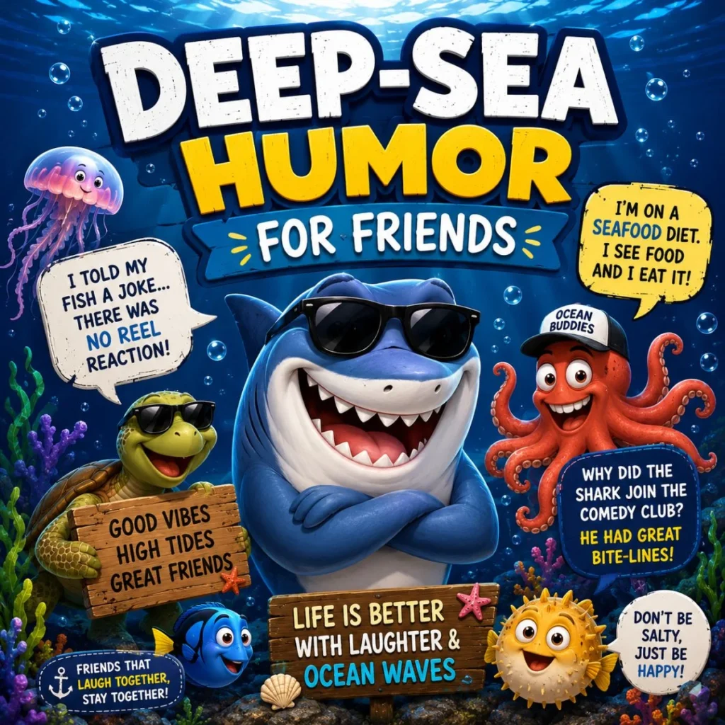 Funny deep-sea humor image with cartoon shark, octopus, and ocean friends sharing hilarious sea jokes
