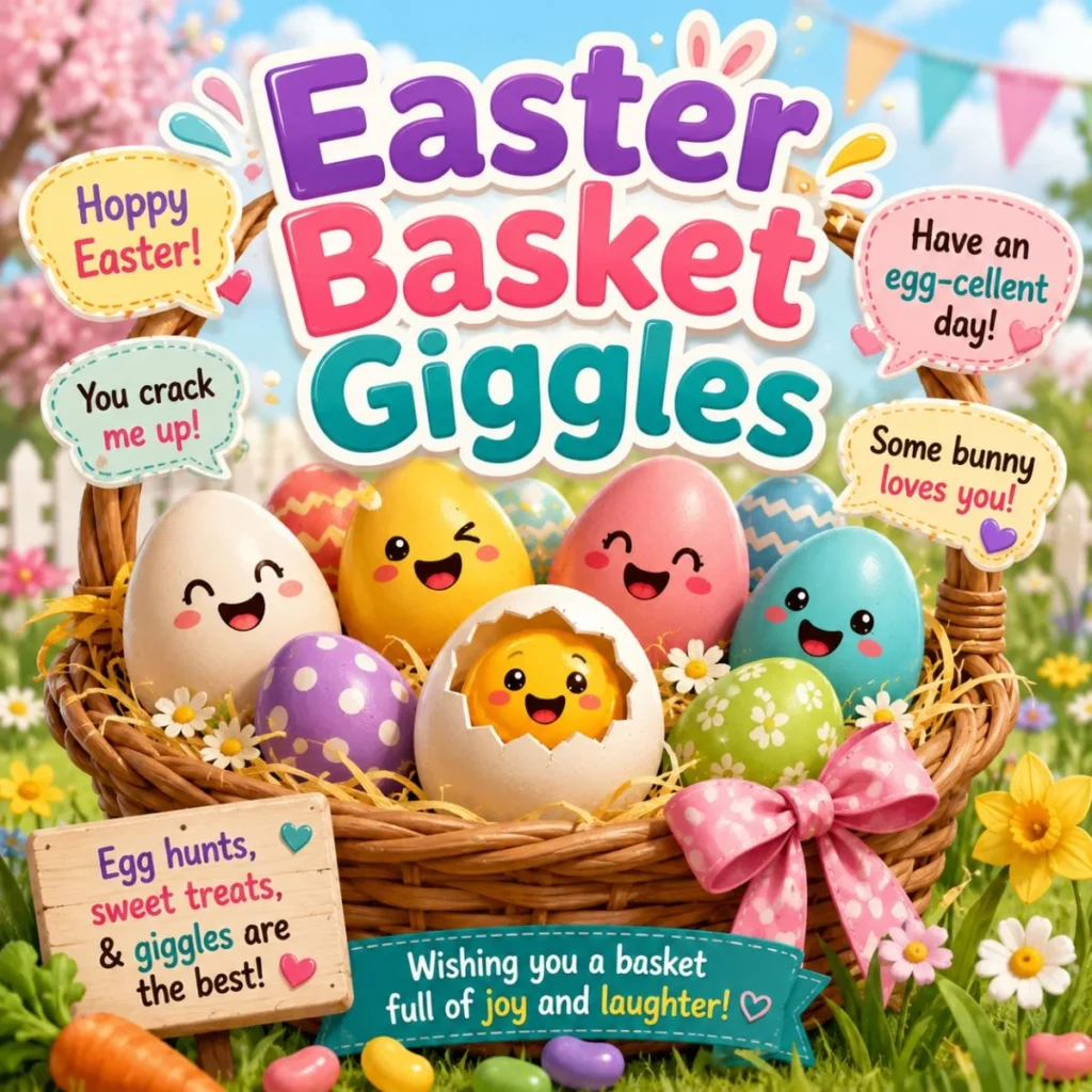 Cute Easter basket giggles illustration with colorful smiling eggs, spring flowers, and funny holiday puns