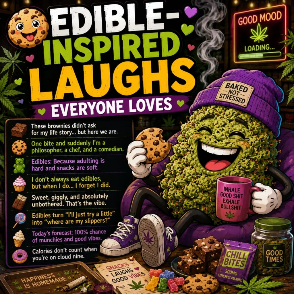 Edible-inspired laughs poster with cartoon cannabis character, cookies, brownies, and funny stoner humor