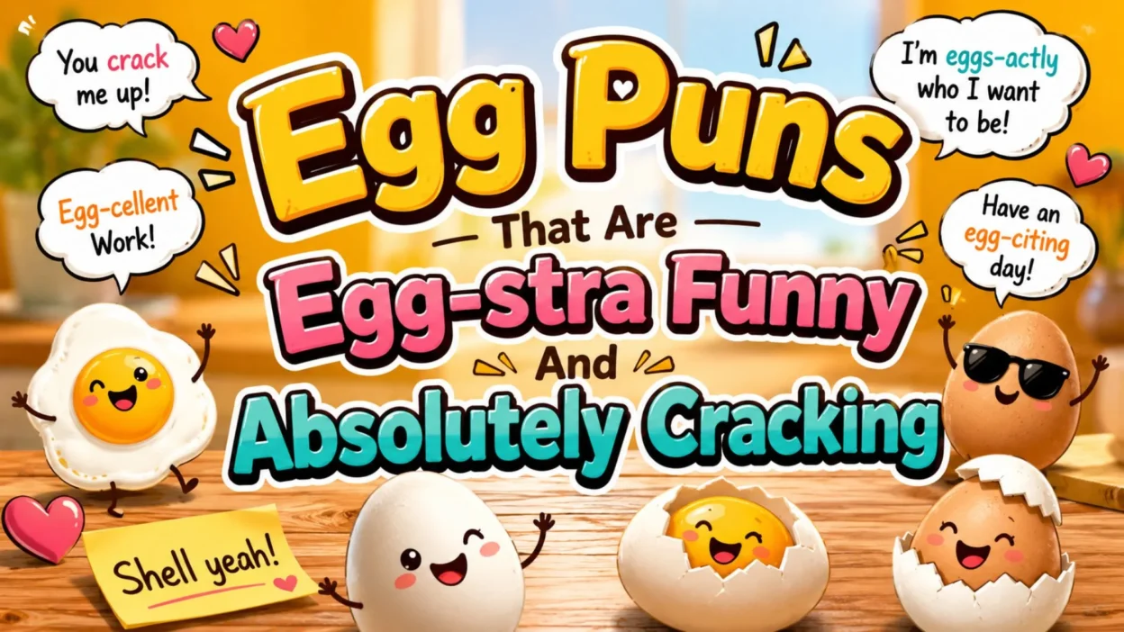 Funny cartoon egg puns banner with cute cracked eggs, breakfast humor, and colorful kitchen background