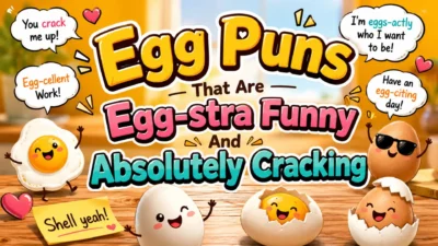 Funny cartoon egg puns banner with cute cracked eggs, breakfast humor, and colorful kitchen background