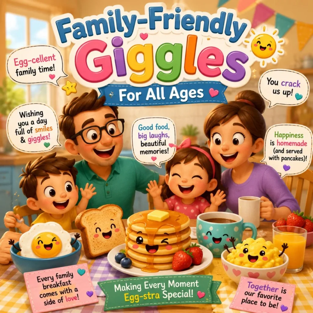 Happy family breakfast illustration with cute food characters, pancakes, eggs, and family-friendly giggles