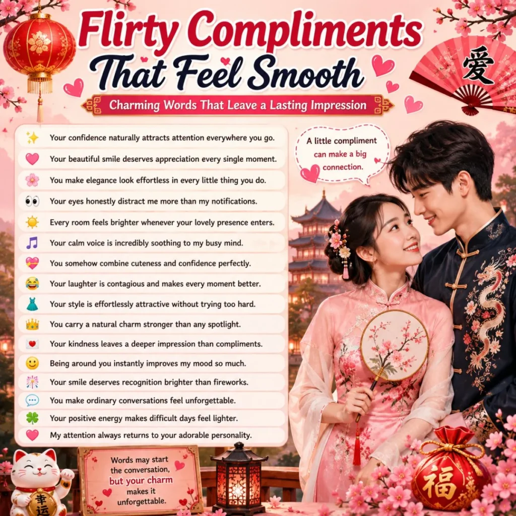 Flirty compliments image with romantic couple, lanterns, cherry blossoms, hearts, and smooth charming lines