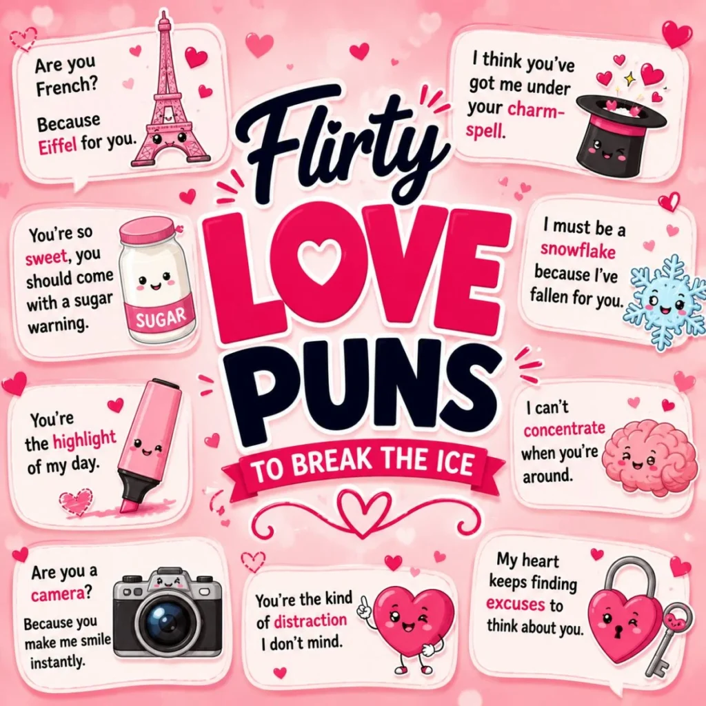 Flirty love puns poster with cute hearts, playful pickup lines, and romantic cartoon icons