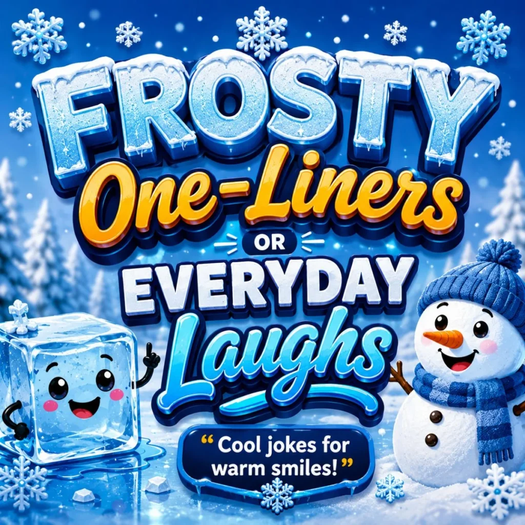 Frosty one-liners winter graphic with snowman, ice cube, snowflakes, and cool jokes for warm smiles