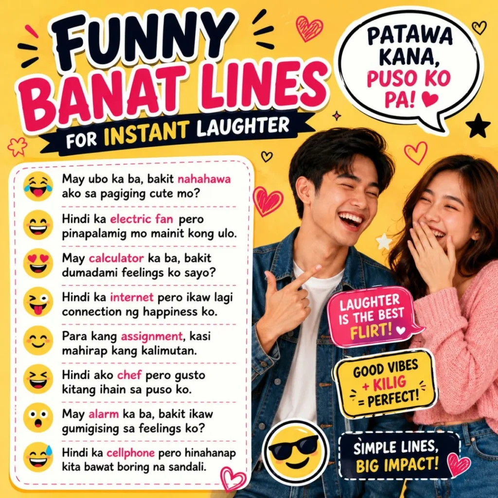 Funny Tagalog banat lines poster with laughing couple and colorful playful design