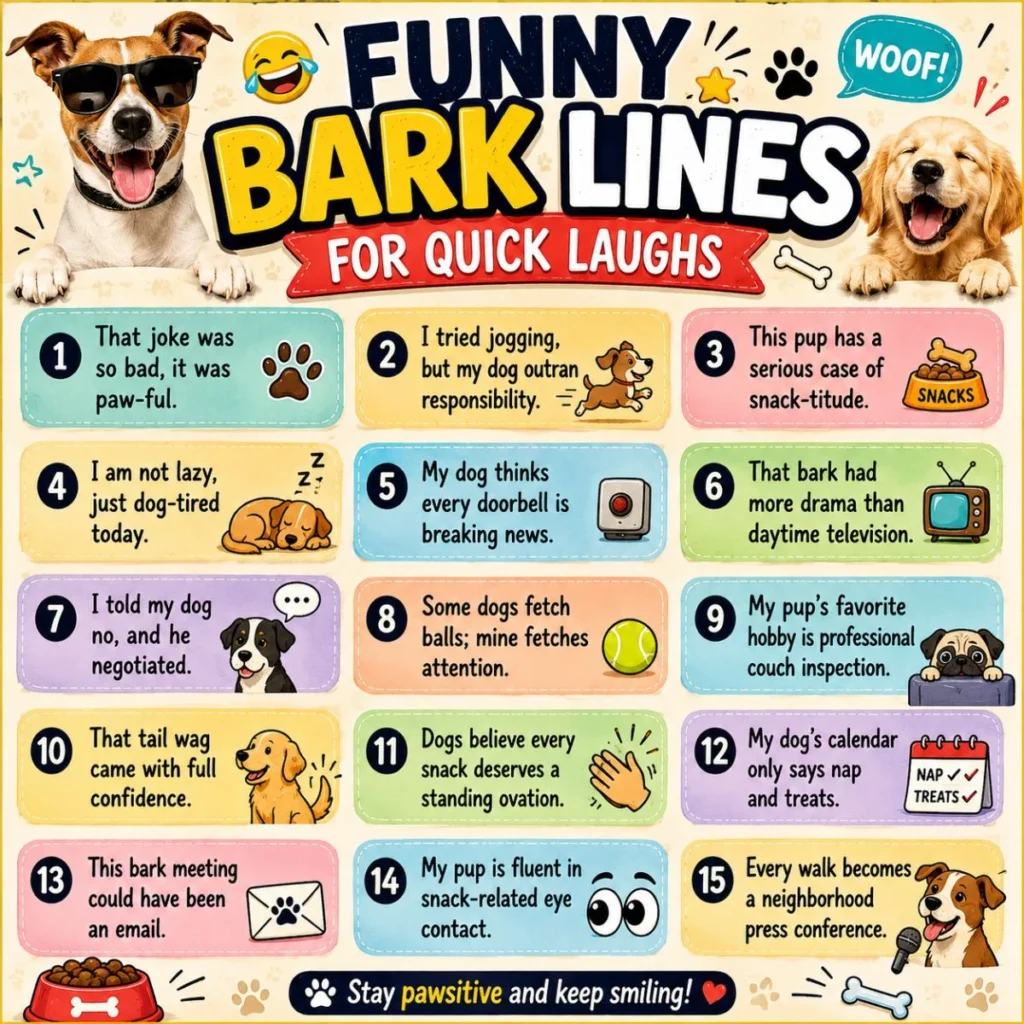 Funny bark lines poster with dog jokes, cute puppies, paw prints, and colorful comic-style panels