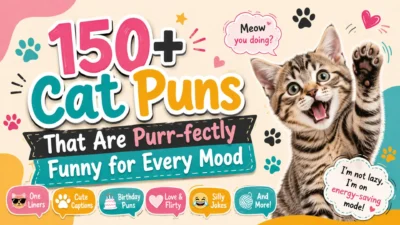 Colorful cat puns graphic with playful kitten, funny captions, paw prints, and bold 150+ Cat Puns title