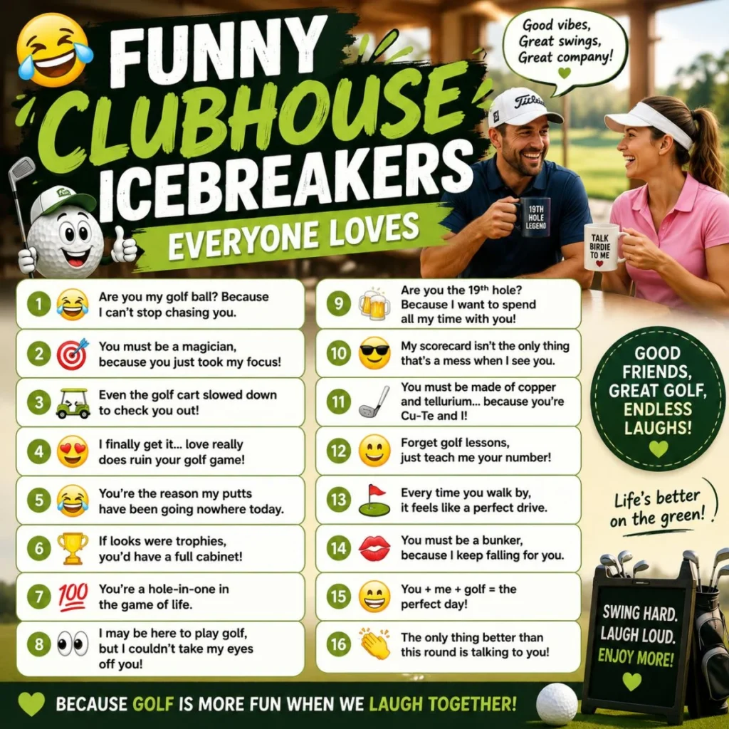 Funny golf clubhouse icebreakers poster with golfers laughing, playful pickup lines, and colorful golf-themed design