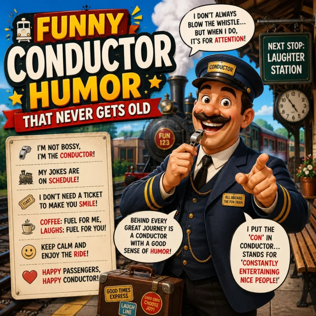 Funny conductor humor image with smiling train conductor, steam train, joke signs, and laughter station theme