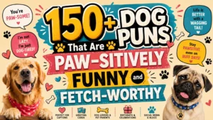 150+ dog puns poster with happy dogs, paw prints, and funny pet captions for dog lovers